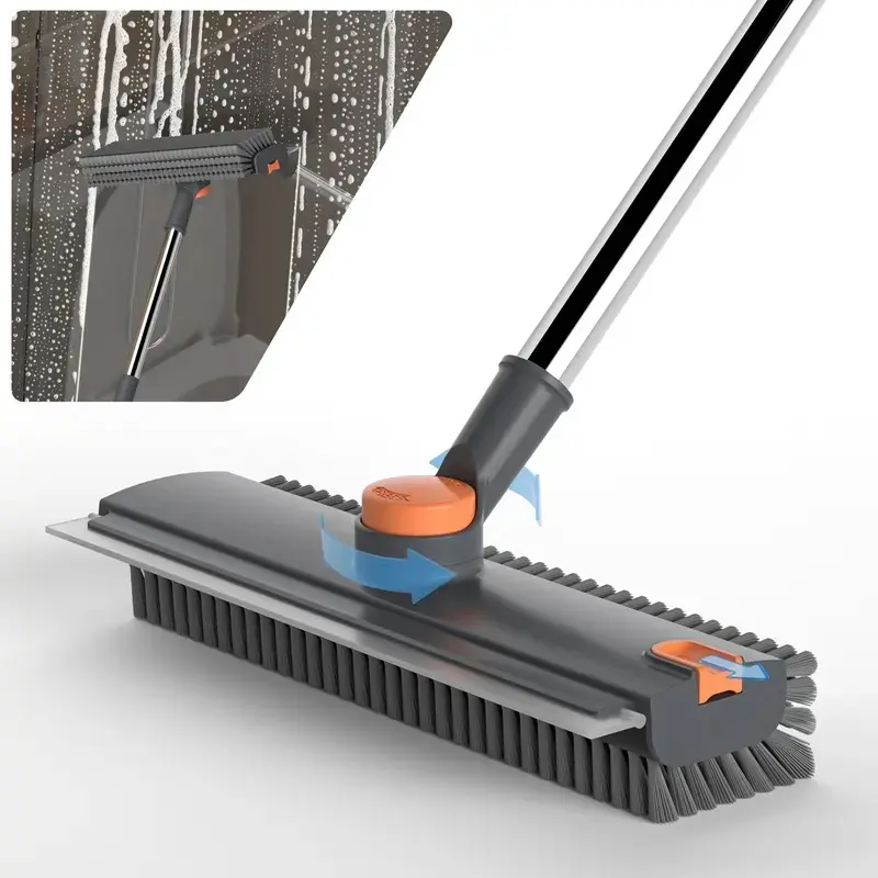 2026 Updated Sturdy 3-in-1 Foldable Floor Scrub Brush for Cleaning Enthusiasts - Long Stiff Bristles, Rubber Silicone Scraper, Glass Window Wiper Squeegee, Space-Saving Home Cleaning Tool for Daily Deep Clean Surfaces