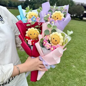 Handmade Crochet Artificial Flowers Smiling Sunflower Bouquet, Cute Style Flower Arrangement, Home Office Desktop Decor, Perfect Gift for Holidays Birthdays