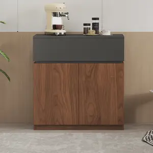 31.5"Buffet Cabinet with Drawers & Door, Modular Stackable Sideboard Coffee Bar Cabinet with Adjustable Shelves, Matte Gray Walnut Storage Accent Credenza for Living/Dining Room Kitchen Hallway