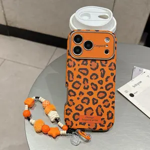 Leopard Print Phone Case Cover Protector for iPhone 17-14 Series, Leather Feel, Protective Anti-Drop Shockproof, Includes Bracelet, Unique Design