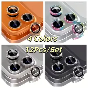 12-Piece (Orange + Black + Silver) Diamond-Inlaid Cellphone Lens Screen Protector - Suitable for iPhone 17/16/15/14/13/12/11 - Valentine's Day, Thanksgiving, Halloween, Christmas gift - Scratch-resistant, dirt-resistant, practical