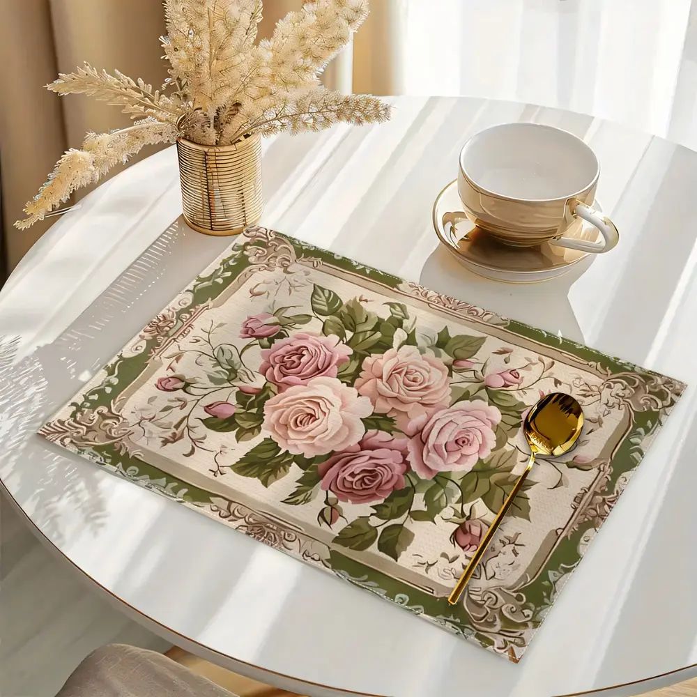 Luxury French Rococo-Style Plant & Floral Pattern Placemats, 4/6pcs Lightweight Anti-Slip Waterproof Placemats & Coasters, Kitchen & Dining Room Decor