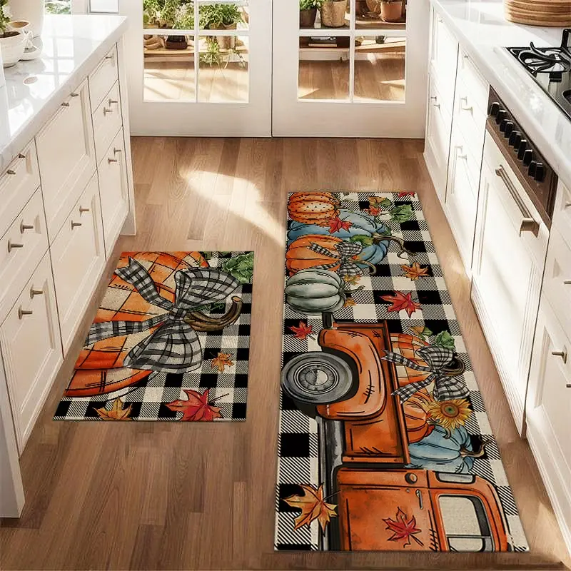2Pcs black and white checkered floor mat set, Checkered Decorative area rug, printed carpet farmhouse anti fatigue kitchen anti slip washable laundry room decoration mat, Farmhouse Kitchen Rugs