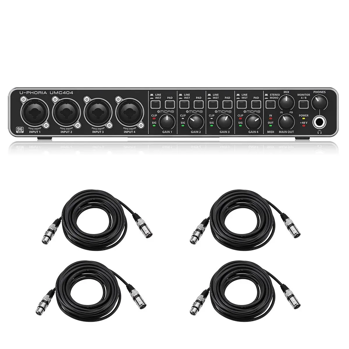 Behringer U-PHORIA UMC404HD USB Audio Interface, Audiophile 4x4, 24-Bit/192 kHz USB Audio/MIDI Interface with Midas Mic Preamplifiers  Bundle with 4x 25' XLR M to F Microphone Cables (5 Items)