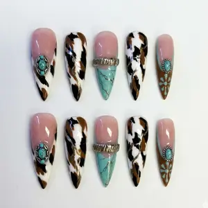Handmade Cow Print Press On Nails, Turquoise Gem, Rodeo Inspired Nails, Country Western Nails, Rustic Cow Print Nails