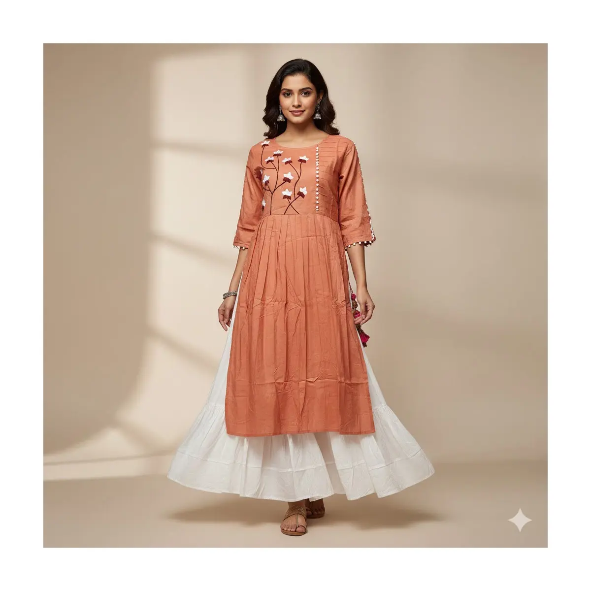 Elegant Rust brown Kurti (Top 23) with Pearl Button Details & Floral Embroidery for Summer Wear( S M L XL XXL) Available