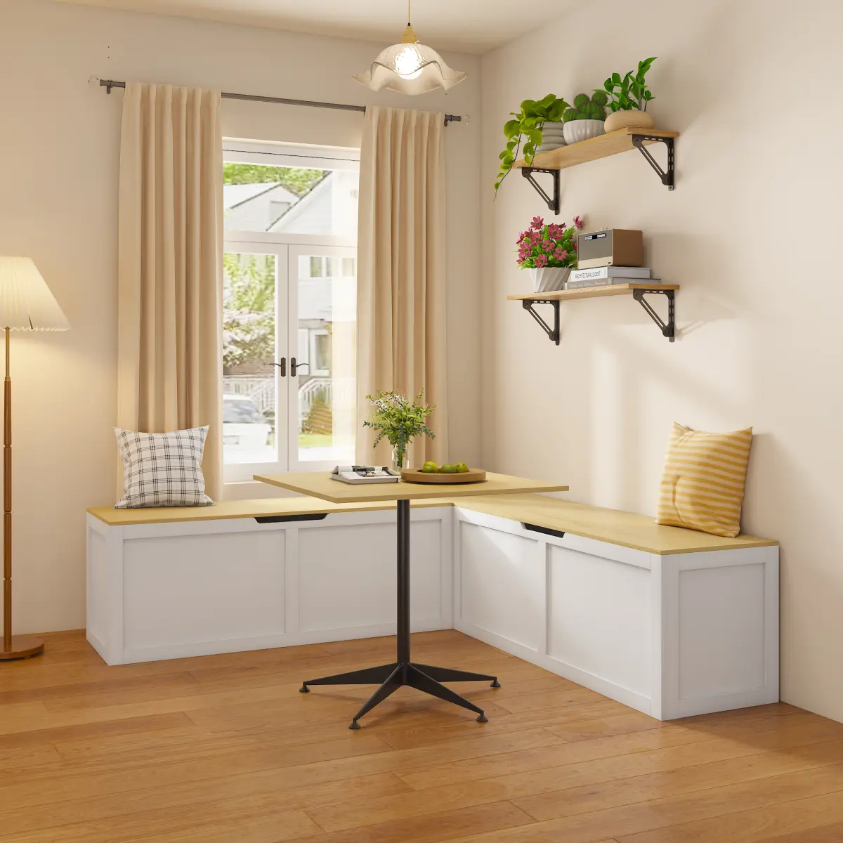 L Shaped Bench with Storage, 63" Breakfast Nook Benches, Kitchen Corner Dining Bench Seating for Entryway Dining Room Kitchen, Oak and White, Easy to Assemble