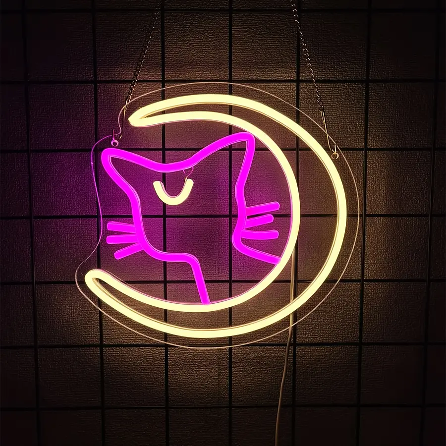 Moon Cat Neon Signs for Wall Decor  LED Light Sign for Preppy Room Bedroom Decor Light Up Sign for Birthday Party Decoration USB Powered,Easy to Install.