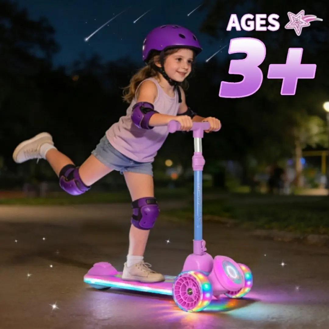 3 Wheel Kids Scooter for Girls Ages 3+ | Butterfly Design with Light Up Wheels & Deck, Adjustable Height, Foldable Beginner Scooter