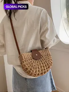 Women's Boho Semicircular Shape Hollow out Straw Bag, Trendy Elegant Crossbody Bag, Chic Summer 2026 Crossbody Bag for Beach Outfits, Casual Trendy Bag, Handcrafted Bag, Summer Bags, Casual Trendy Purses