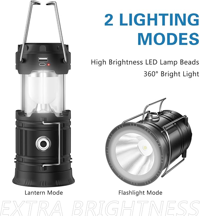 4 Pack Solar Camping Lantern, USB Rechargeable Bright LED Tent Light,IPX4 Waterproof Multifunctional Portable Outdoor Emergency Lamp with Adjustable Brightness,Hanging Hook Design,Ideal Survival Gear for Hiking Fishing Backpacking,Perfect Holiday Gift