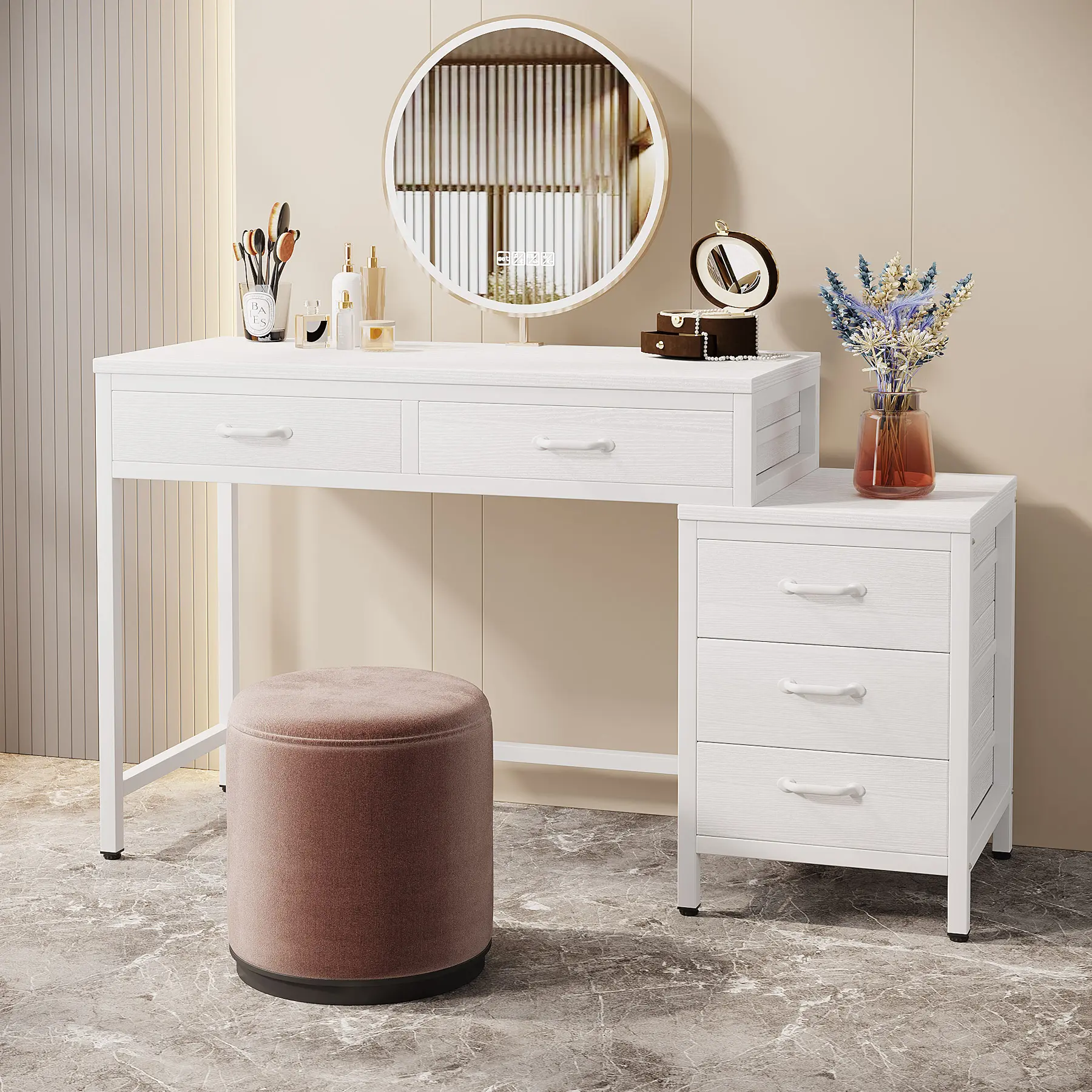 【New Arrival】Tribesigns Vanity Desk with 5 Drawers, Makeup Vanity Table Dressing Table with Side 3-Drawer Chest, Make Up Vanities for Women, Girls (Without Mirror), Antique Furniture for Bedroom