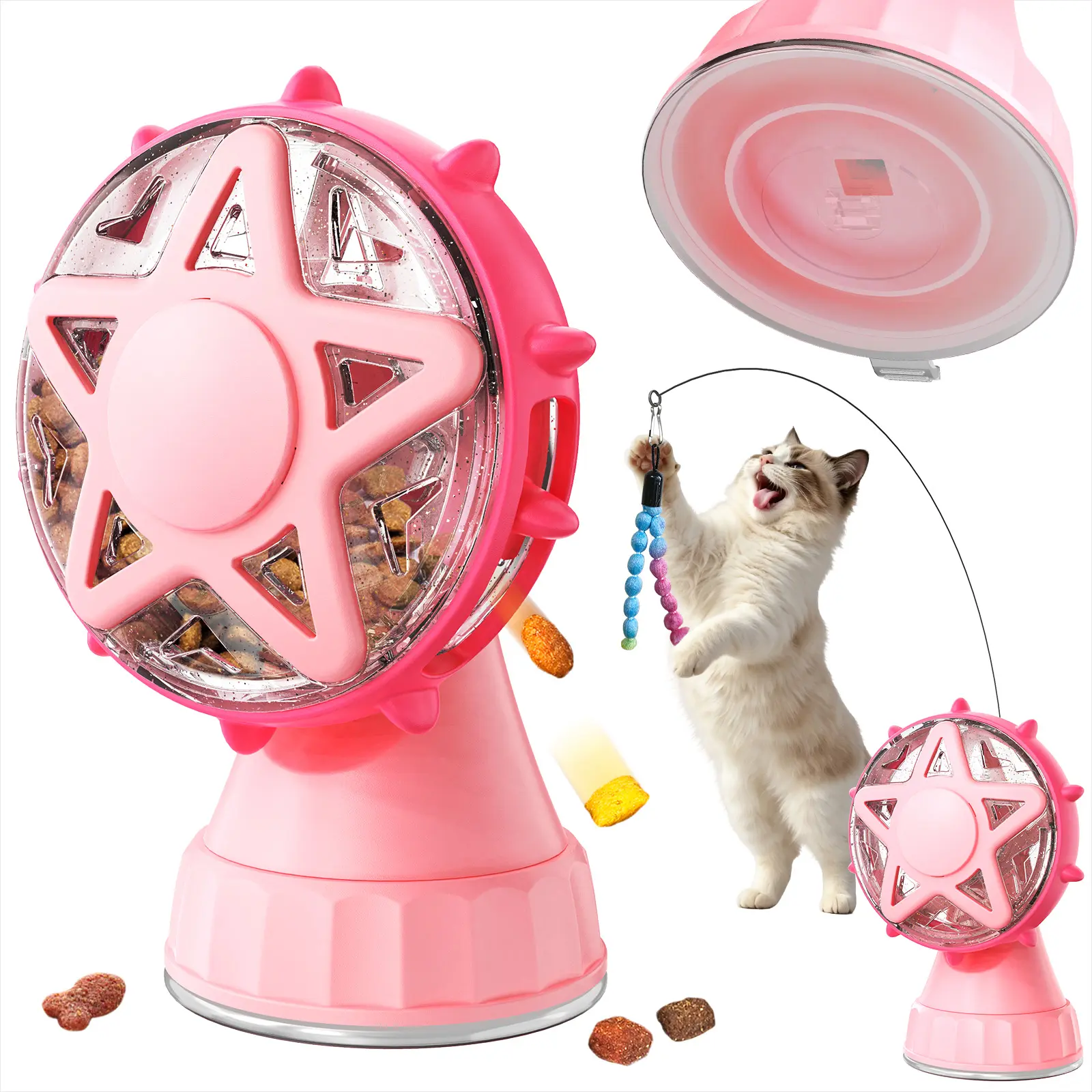 SmartWell Hands-Free Interactive Cat Toy - 2-in-1 Treat Dispenser Puzzle Feeder with Removable Teaser Wand, Adjustable Food Outlet, Suction Cup Base for Indoor Cats & Kittens