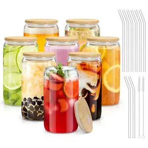 Glass Cup with Lid & Straw & Brush Set, 1/2/4/6/8pcs 16oz Party Clear Glass Cup Set,Housewarming Birthday Gift Ideas, Suitable for Coffee, Juice, Milk Tea, Beer Cocktail Whiskey, Kitchen Household Drinking Utensils Tumblers Drinkware Bottles