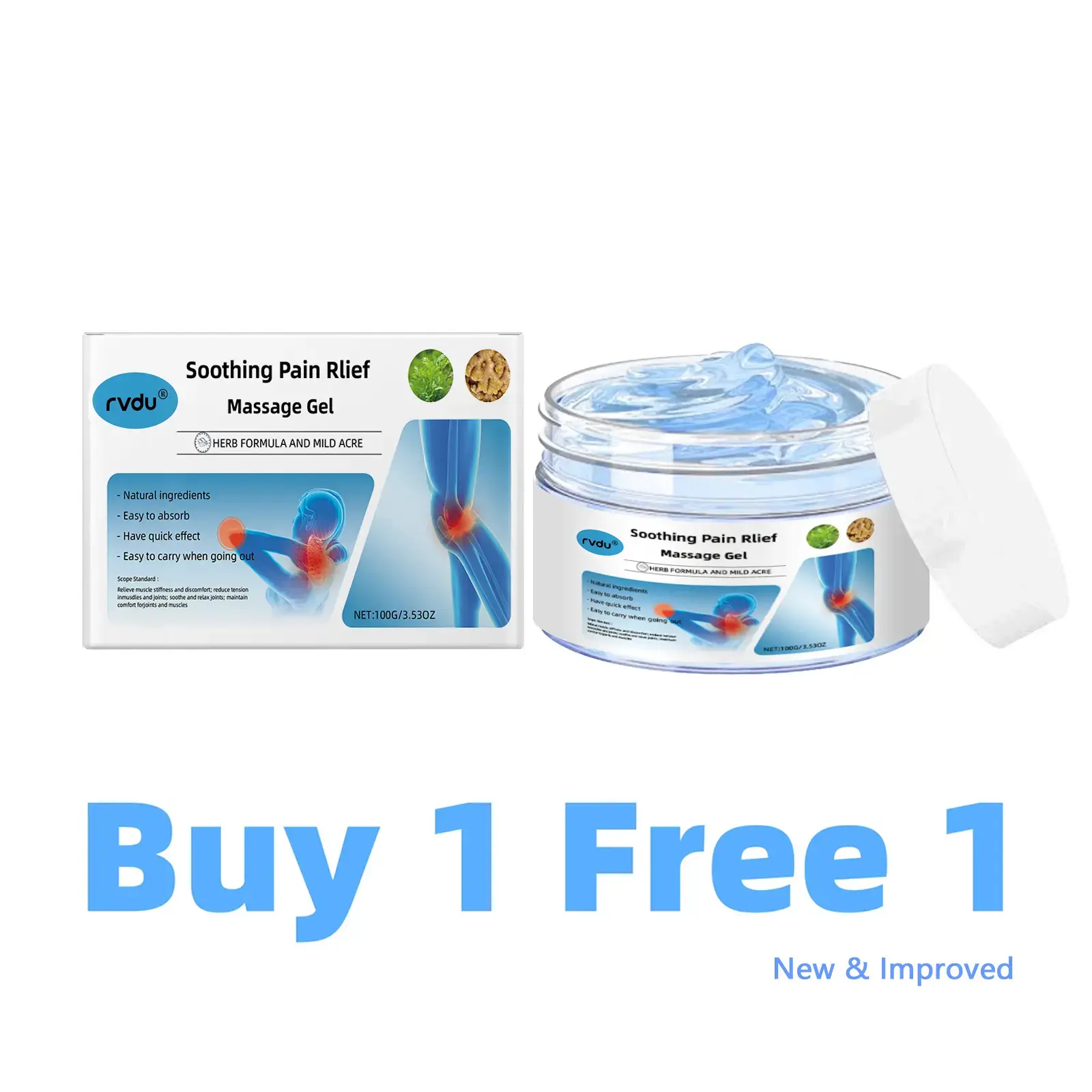 Buy 1 Get 1 Free Natural Herbal Joint Relief Gel, New & Improved Rvdu Wellness Massage Ointment, Body Care Cream Relieves Knee, Back, Shoulder, Neck & Muscle Pain