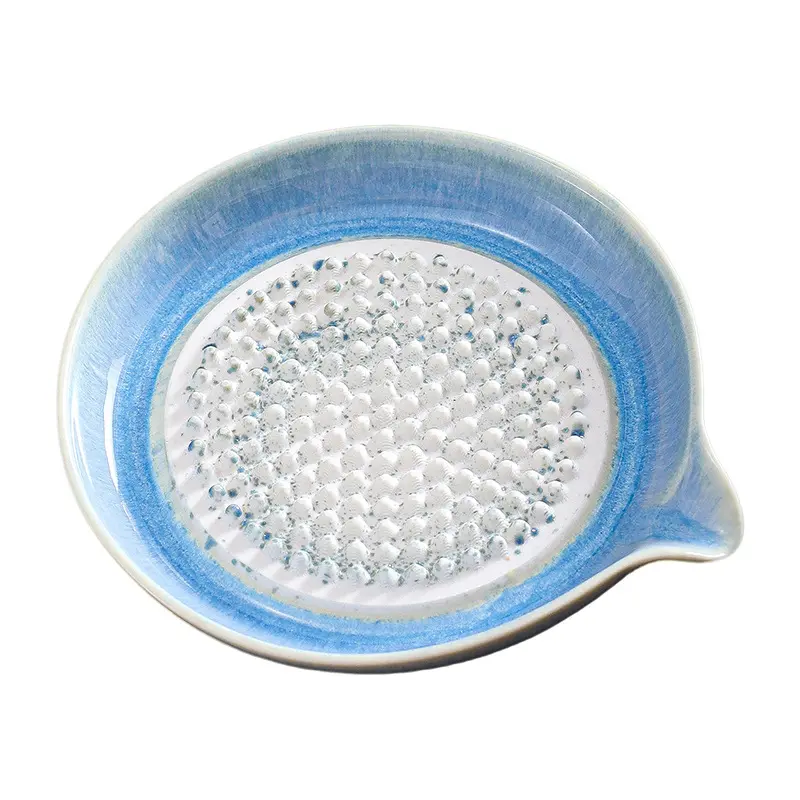 Stylish Glazed Gradient Ceramic Handheld Grater Plate - Compact Porcelain Kitchen Utensil with Built-in Spout Pour, Bowl for Fine Grind Ginger, Garlic, Adding Citrus Zest, Easy-to-Clean Home Cooking Tool