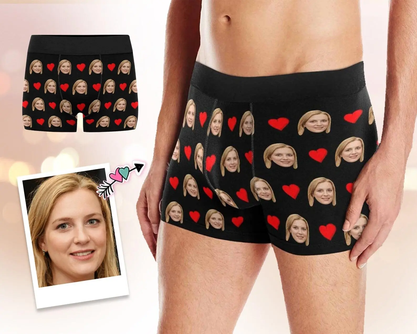 Personalized Menswear Men's Boxer Briefs - Polyester, Casual Wear, Elastic Waist, Custom Face Print, Valentine's Day Red Love Hearts & Black Underwear, Love Symbols