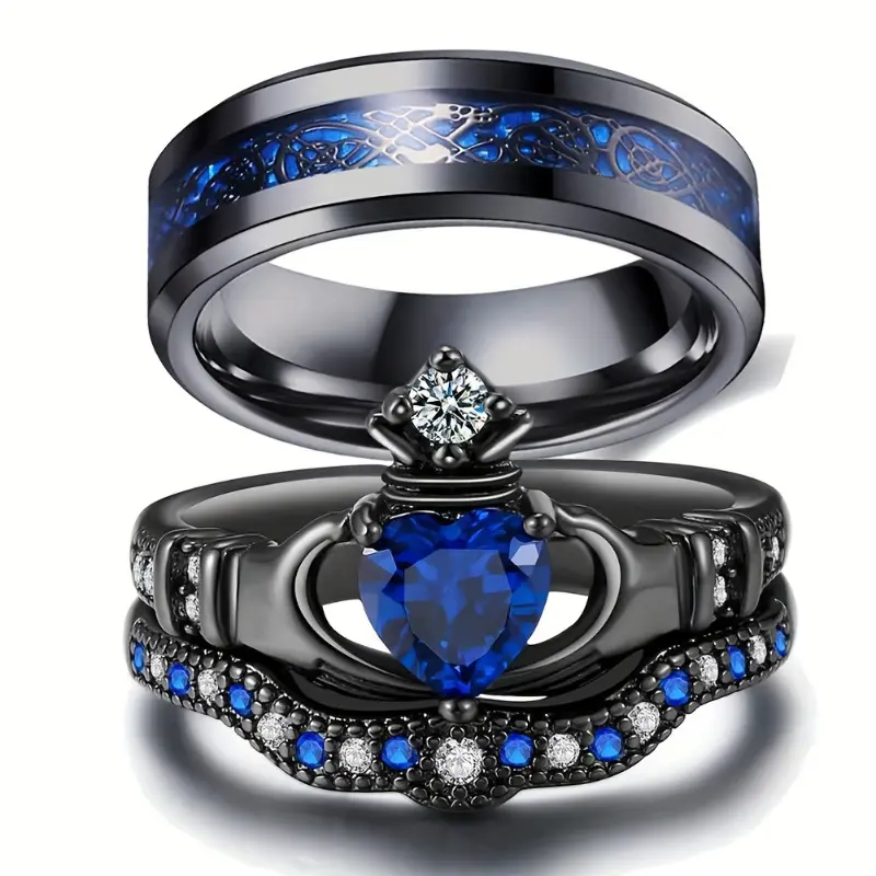 Ringcrown Couple Rings Matching Rings Heart 1.5ct CZ Black Plated 2pcs Women Wedding Ring Sets For Him And Her Ring Sets Men Titanium Steel Wedding Band engagement rings