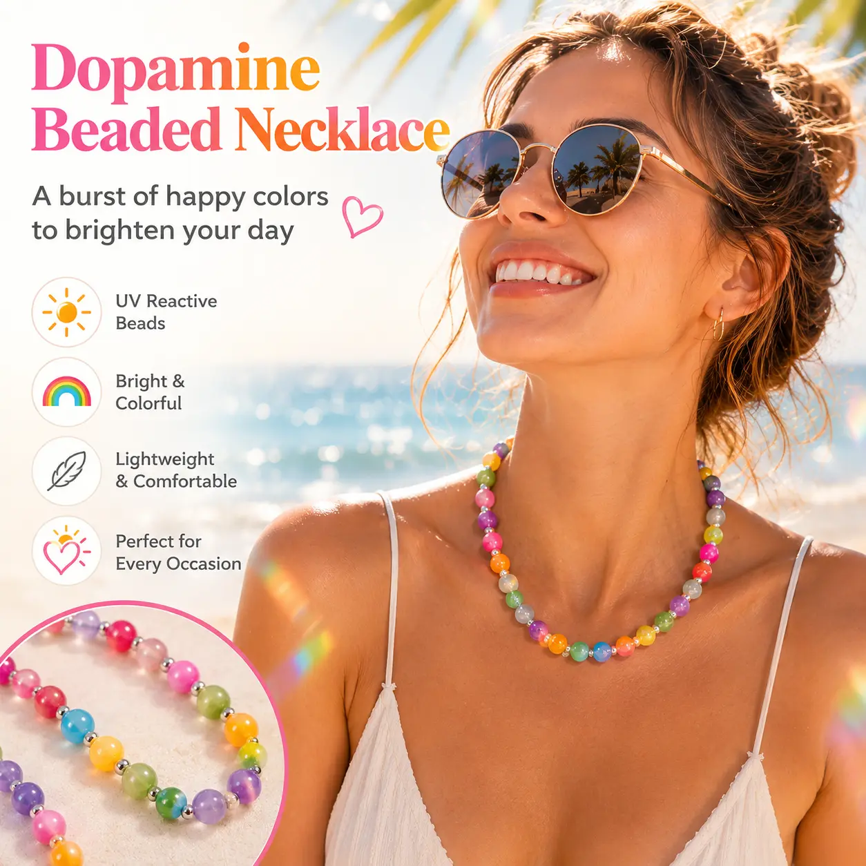 UV Reactive Color Changing Beaded Necklace for Women, Colorful Cat Eye Bead Necklace with Adjustable Chain, Dopamine Summer Jewelry for Beach, Vacation, Festival & Daily Wear
