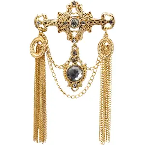 Brooch Pin Royal Gold Engraved Shimmery Stone And Chain Brooch Suit Stud Lapel Pin Accessories for Men Women
