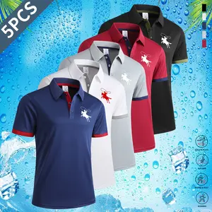 Men's 5-Pack Summer Short Sleeve Polo Shirts, Menswear with Stylish Striped Neckline, Button Closure, Mixed Color & Plain Options for Casual Wear,summervibes