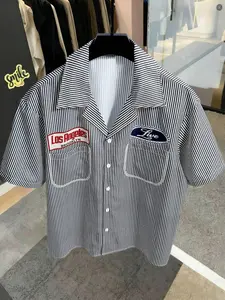 Men's Vintage Striped Short Sleeve Shirt, Collar Button Design with Pocket, Casual Vertical Stripe, Lightweight Summer Breathable Top