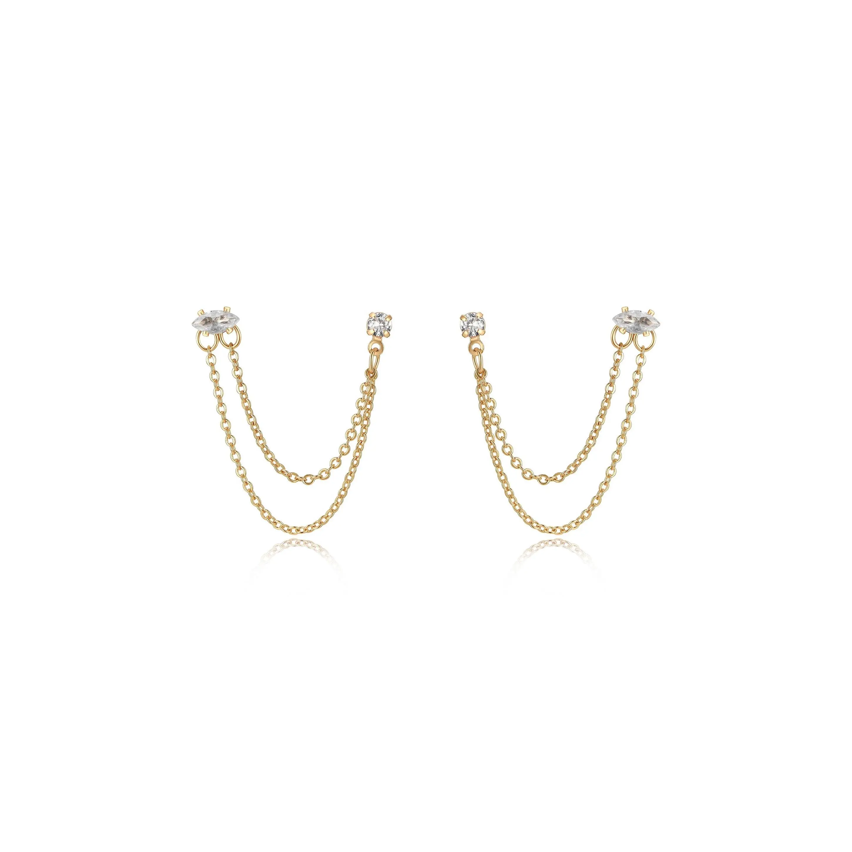 Ettika Double Piercing Chain Dangle Earrings Zirconia Rhinestone 18k Gold Plated Brass Glass 2 Inch Length for Adults