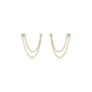 Ettika Double Piercing Chain Dangle Earrings Zirconia Rhinestone 18k Gold Plated Brass Glass 2 Inch Length for Adults