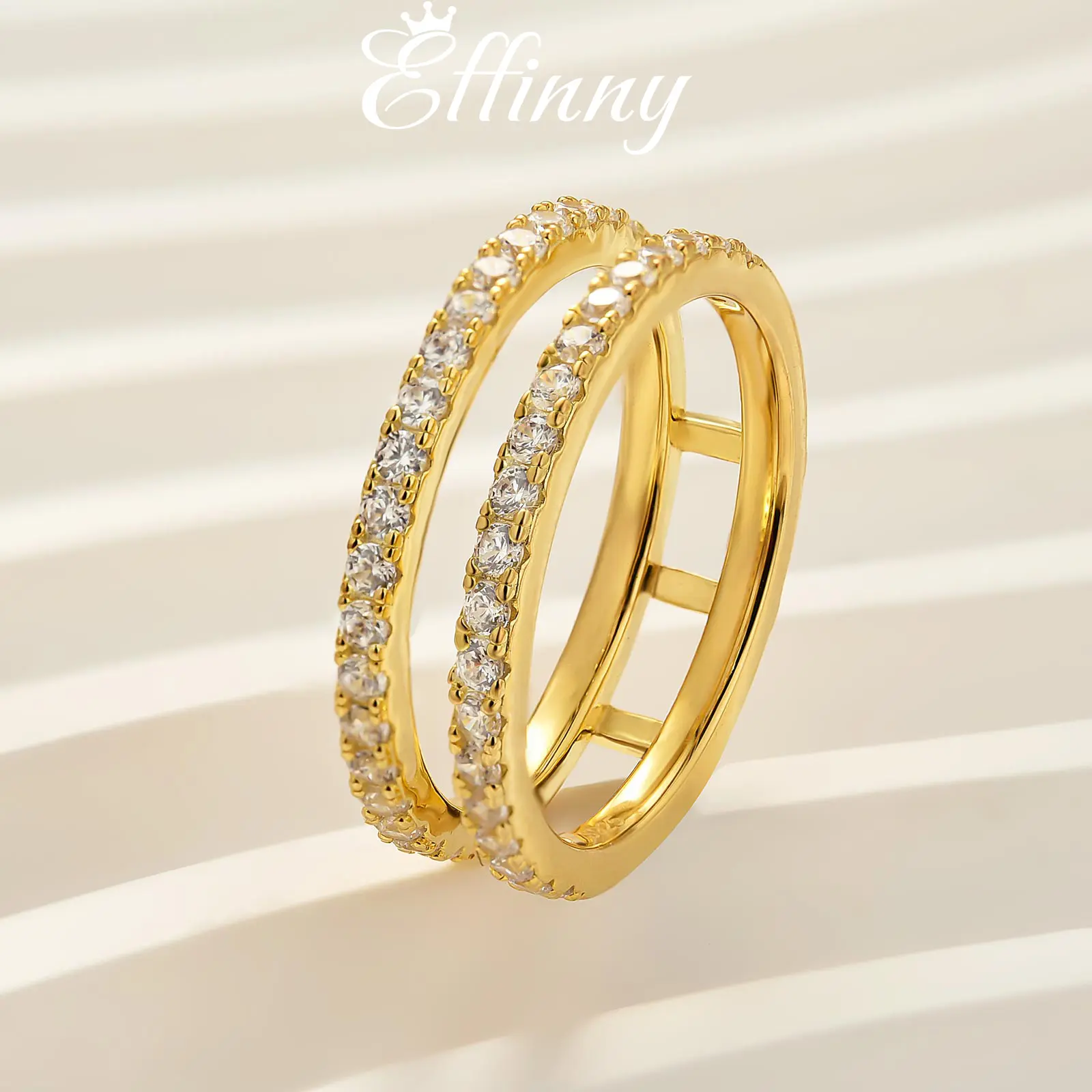 Effinny Jewelry Ring Enhancer Guard Wedding Bands Two Row Half Eternity 925 Sterling Silver, Cubic Zirconia Stackable Golden Engagement Ring for Women, Adults