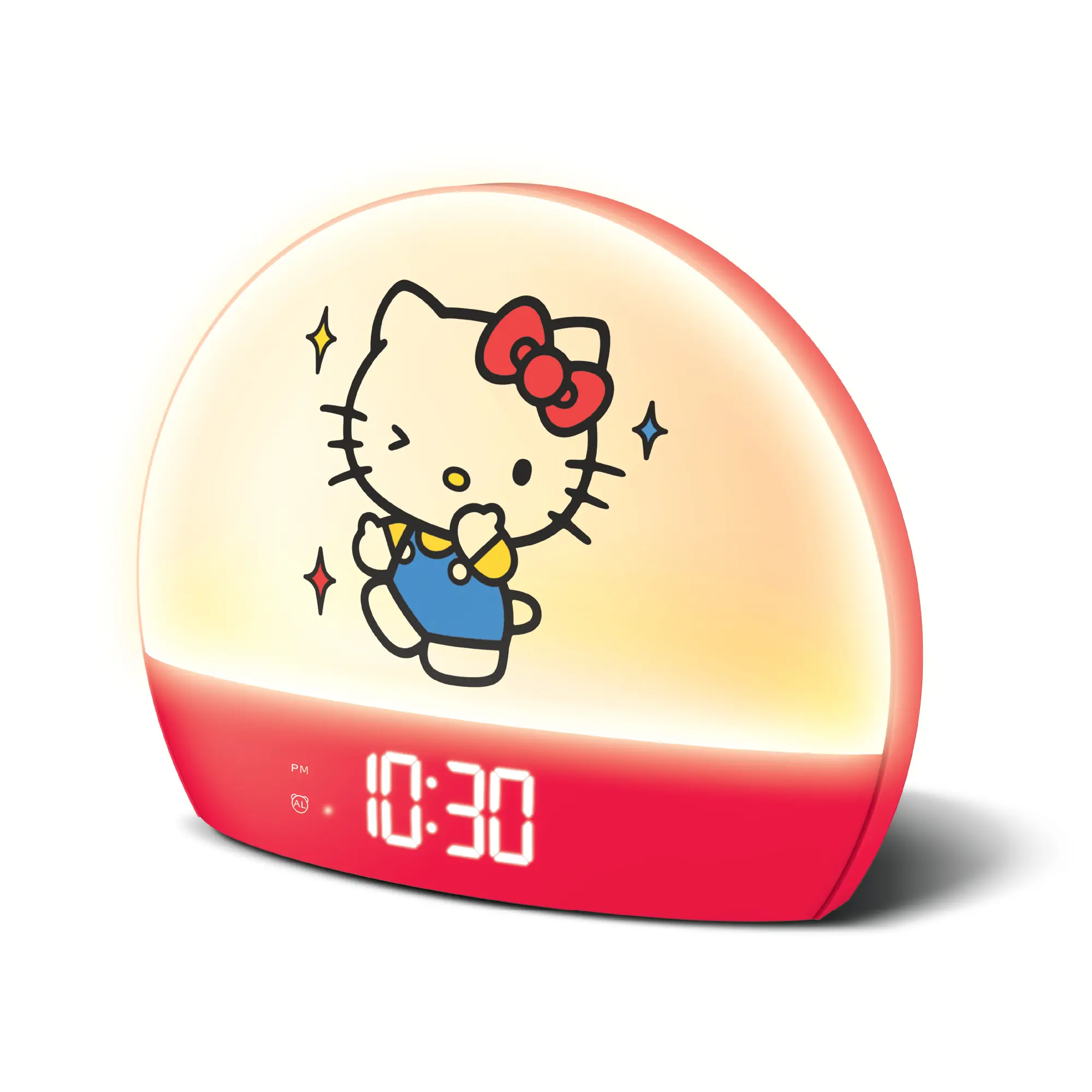 Hello Kitty Digital Sunrise Alarm Clock - USB-Powered Colorful Plastic Bedside Clock with USB Port, 6 Color-Changing Light Modes, Gentle Wake Effect, Glow-in-the-Dark Cute Cartoon Characters, Daily Kawaii Home Decor Desk Accessory