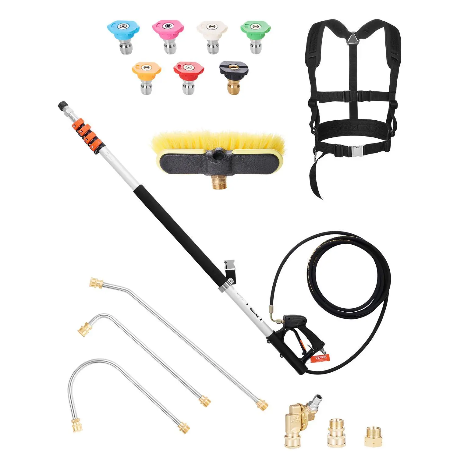 VEVOR Pressure Washer Telescoping Wand,  , 21 ft, 4000 psi, Telescopic Spray Wand with Power Washer Extension Wands, Gutter Cleaner, Brush Head, Pivoting Coupler, 7 Spray Nozzles and Support Harness#BacktoSchool