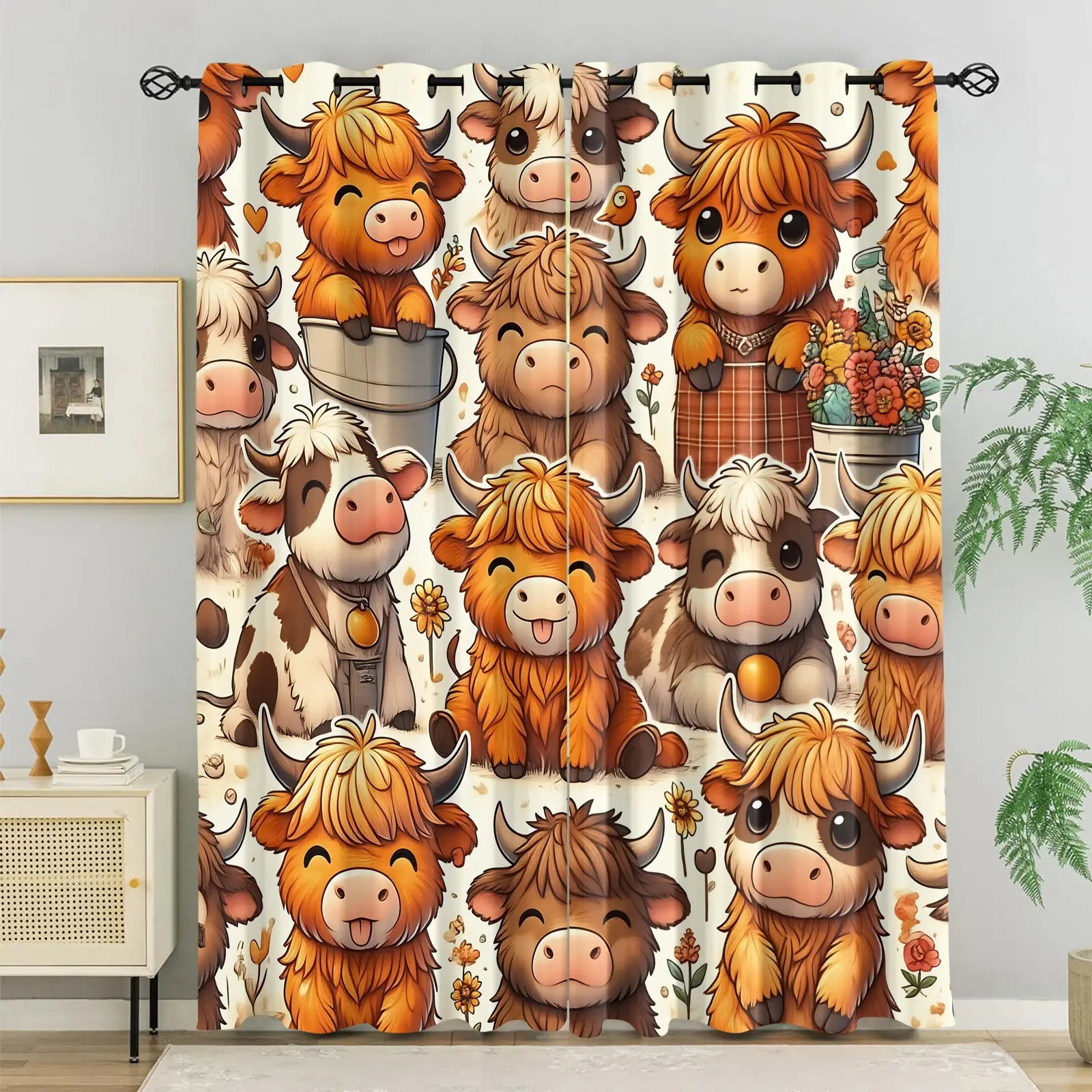 Cute Cartoon Highland Cow Print Blackout Curtains for Kids Bedroom, Adorable Fluffy Scottish Cattle Pattern Thermal Insulated Noise Reducing Grommet Drapes, Fun Themed Window Treatments for Boys Girls Room, 2 Pieces