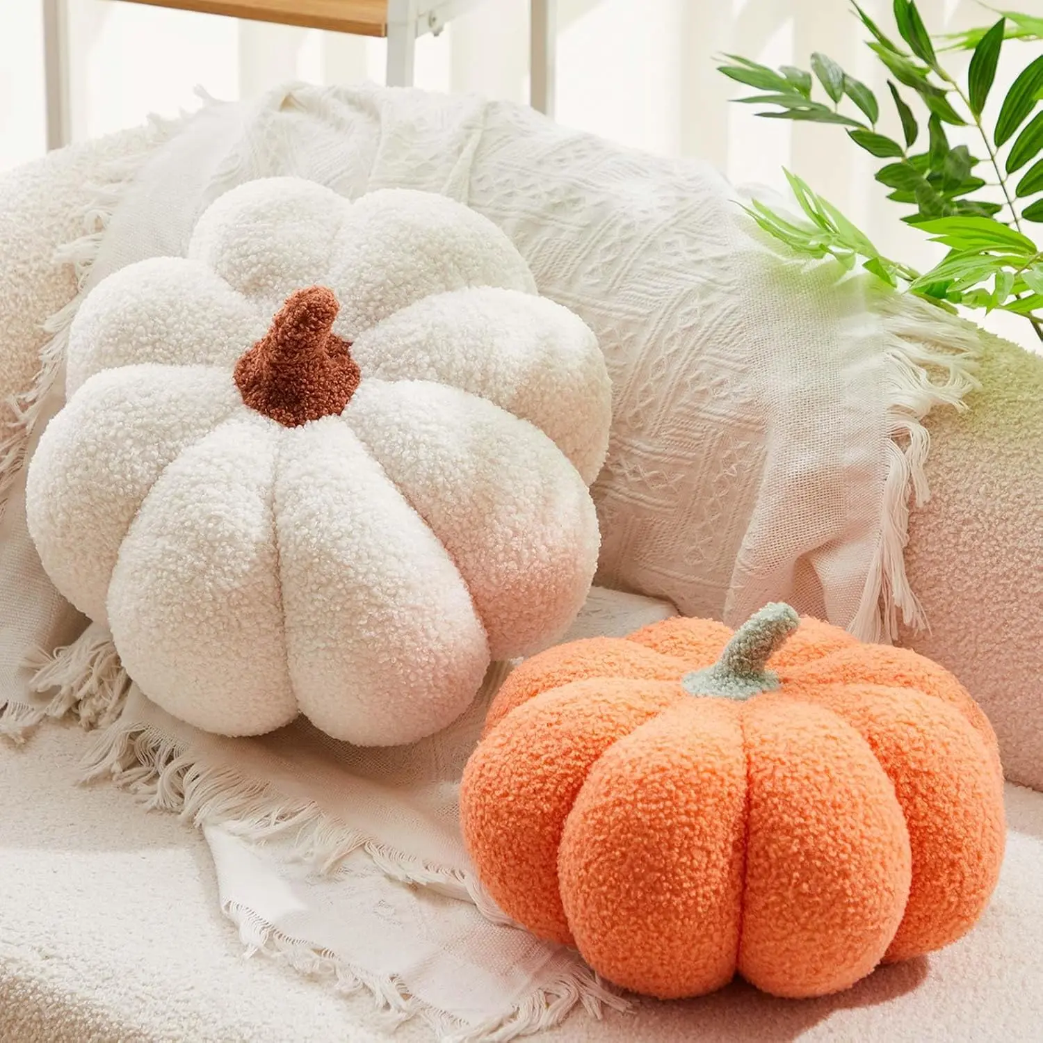 2 count Stuffed Pumpkin Pillow Fluffy Plush 3D Pumpkin Shaped Decoration Fall Thanksgiving  Pillow Cushion Cute Soft Throw for Sofa Couch Supplies (White,Orange)