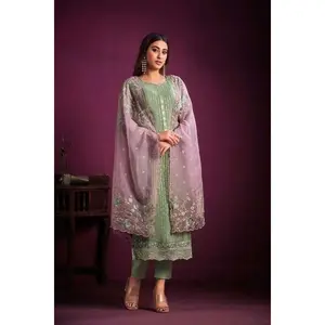 Green Embroidered Chinnon Salwar Kurti Set: Sequin