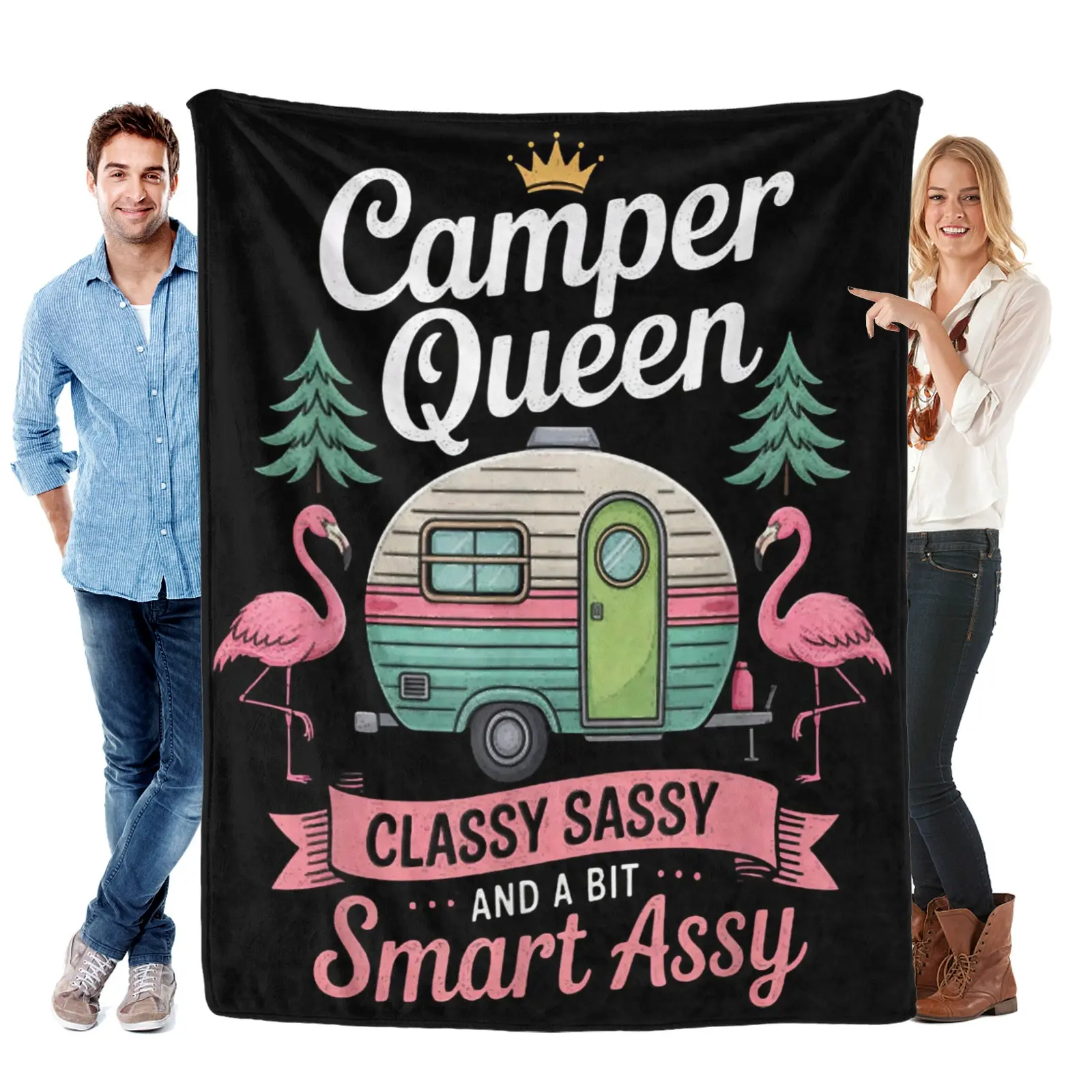 Camper Queen Classy Sassy Smart Funny Women Camping Super Soft Flannel Blanket for Sofa Couch Bed Camping Travel - Plush Warm Home Decor for All Seasons