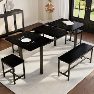 Garvee Extendable Dining Table Set for 6-8 People, Farmhouse Style Wooden Table with 2 Benches and 2 Stools, Space Saving Kitchen Dining Room Furniture Set, Black