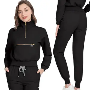 Women's 2-Piece VIAOLI Scrubs Set - Long Sleeve Spandex Fabric Jacket & Pockets Pants, Breathable Hospital Medical Surgical Workwear, All-Season Uniforms for Nurses, Navy Blue, Scrubs Sets for Women