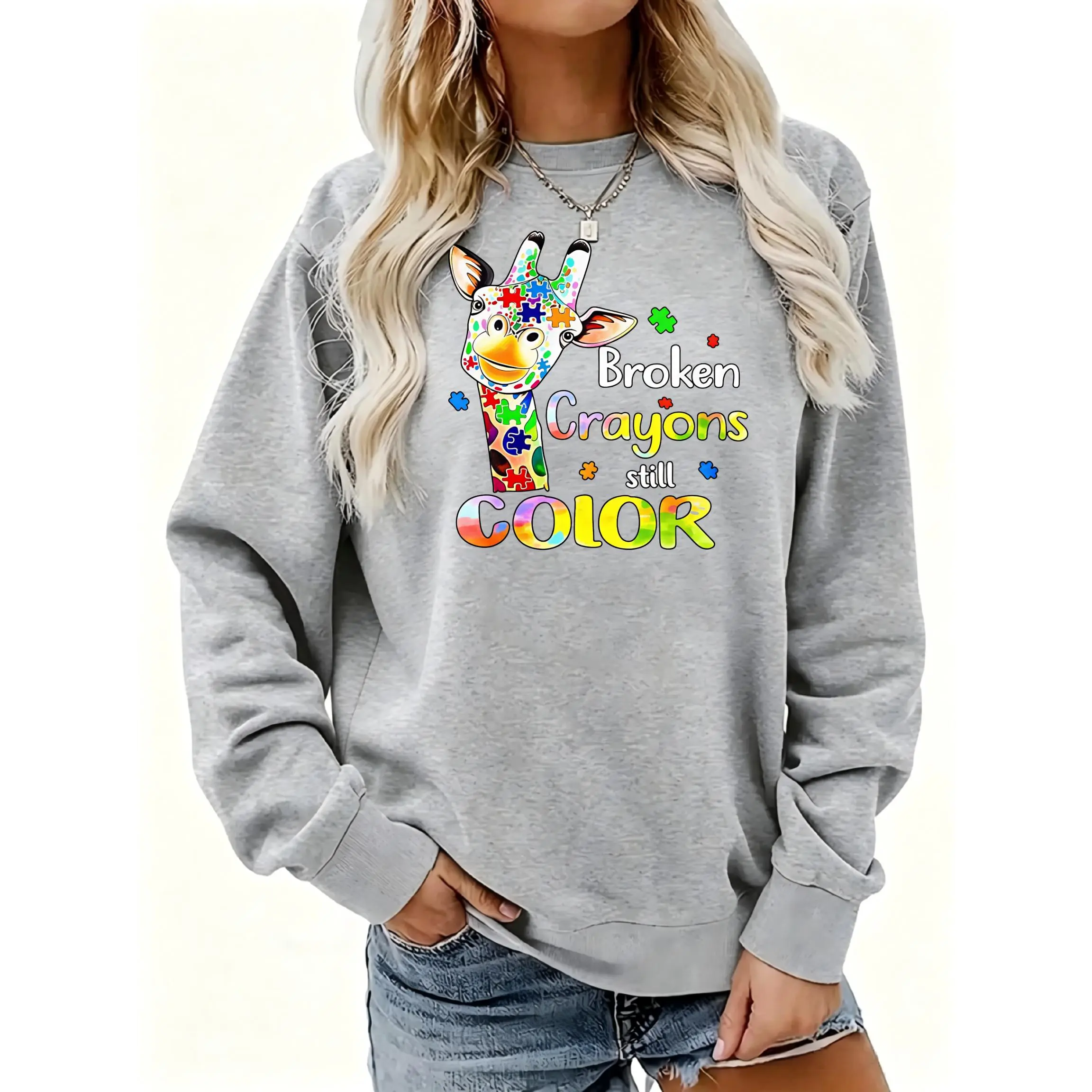 Women's Broken Crayons Still Color Giraffe Crewneck Sweatshirt | Soft Stretchy Long Sleeve Pullover | Cozy Fall Layering Essential For Casual Daily, Office & Streetwear Looks