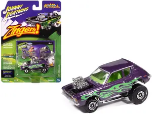 1971 AMC Gremlin Passion Purple Metallic with Green Flames and Interior 1/64 Diecast Model Cars by Johnny Lightning