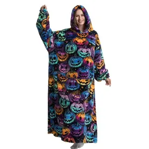 Halloween Pumpkin Wearable Blanket Hoodie for Adults and Teens, Oversized Cozy Plush Sherpa Fleece with Giant Hood and Big Pocket, Warm Comfy Fall Winter Hoodie Blanket for Lounging, Camping, Sleeping, Movie Nights, Holiday Party and Halloween Gifts