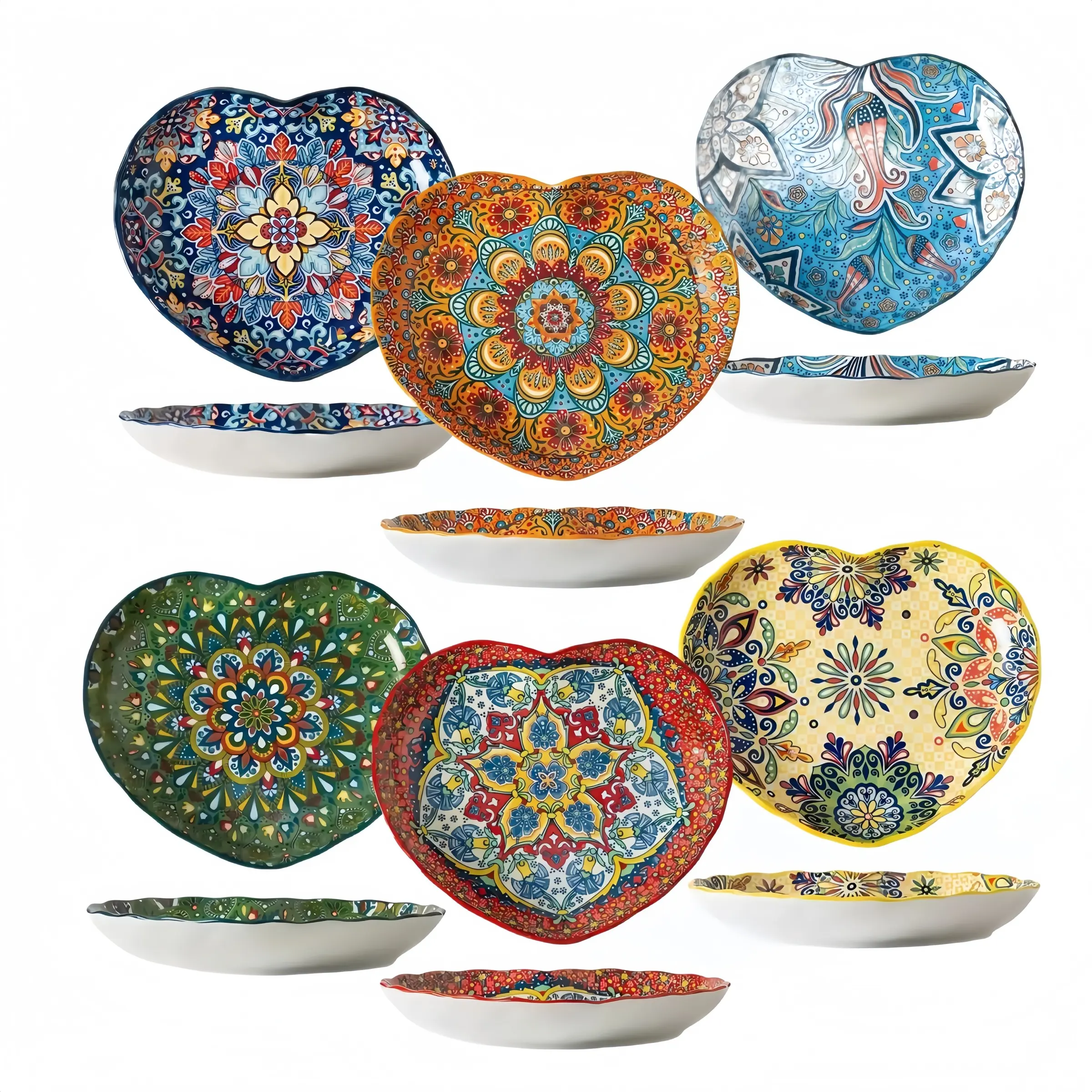 Bohemian Heart-Shaped Serving Plates Set, Decorative Plates, Valentines Plates, Perfect for Valentine's Day Celebrations, Ideal for Desserts, Salads & Fruits, Party Supplies, Modern Ceramic Dinnerware