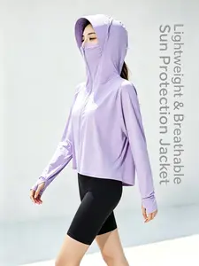 Women's Cropped UPF 50+ Sun Protection Hoodie Jacket, Full Face Mask Coverage Cooling UV Shield Coat with Thumb Holes, Lightweight Breathable Quick Dry Outdoor Sun Shirt for Cycling Driving Running Fishing