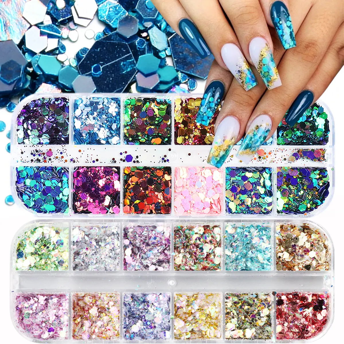 2 Boxes Chameleon Holographic Nail Glitter Powder, Color Changing Mermaid Nail Art Flakes, 3D Sparkle Sequins for DIY Manicure & Nail Art Decorations