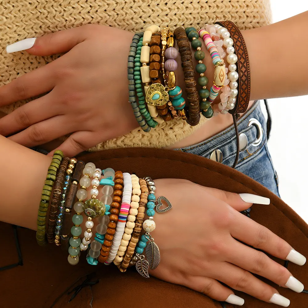 Women's 5pc Bohemian Ethnic Wood Bead Charm Bracelet Stacks - Trendy Jewelry, Bohemian Bracelets, Stretch Multilayered Wristbands with Stone, Cactus, Hamsa Hand, Butterfly Charms for Sports & Outdoor Use, Boho Style Bangles, Assorted Charms