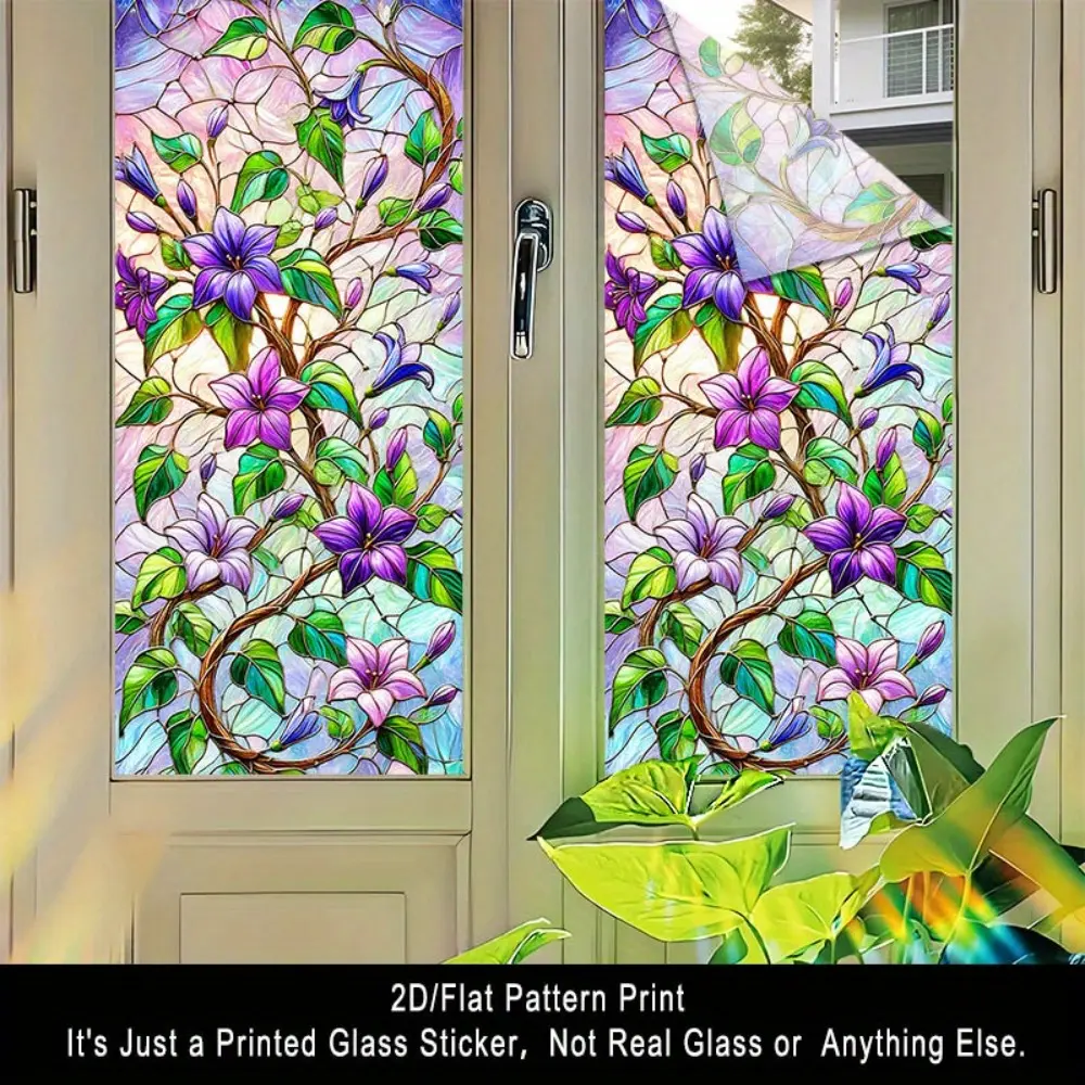 1PC, 2D Flat purple blue upright pattern frosted glass window film, transparent PVC adsorption glass door and window decoration, removable and reusable glass stickers. 17.71x39.37 inches (45x100 cm), suitable for home, kitchen, room, indoor festival party