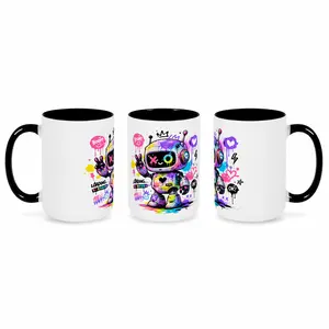 Cute Robot Graffiti Art Mug - 11oz Premium Ceramic Coffee Cup, Gamer Vibe, Dishwasher Safe, Perfect Gift for Creators