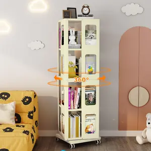 kavey 4 Tier Rotating Bookshelf Tower, 360° Spinning Bookshelf with Swivel Wheels, Steel Book Shelf Rotating Storage Tower, Narrow Bookshelves for Bedroom, Office (Black)