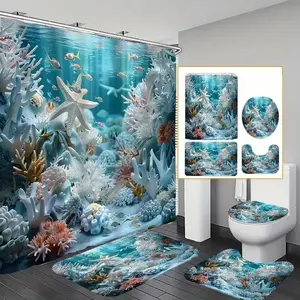 Ocean Themed Bathroom Decorations, 4 Counts/set Including Shower Curtain, Toilet Lid Cover, Mat and U-Shaped Mat, Bathroom Accessories, Shower Curtain Sets