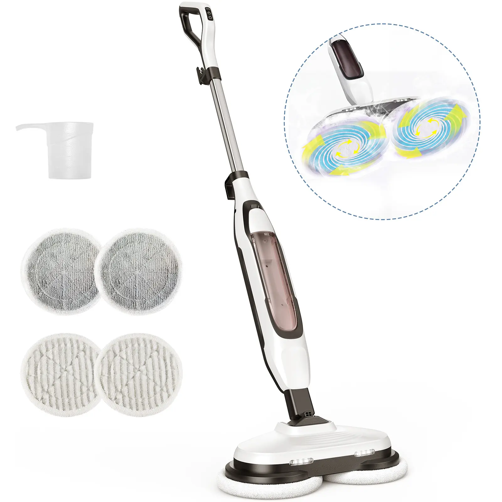 Spin Scrubbing Steam Mop With 4 Adjustable Modes, 220 180 RPM Dual Rotation Speeds And 2 Steam Heat Settings, LED Lights Swivel Head For Hardwood Tile Vinyl