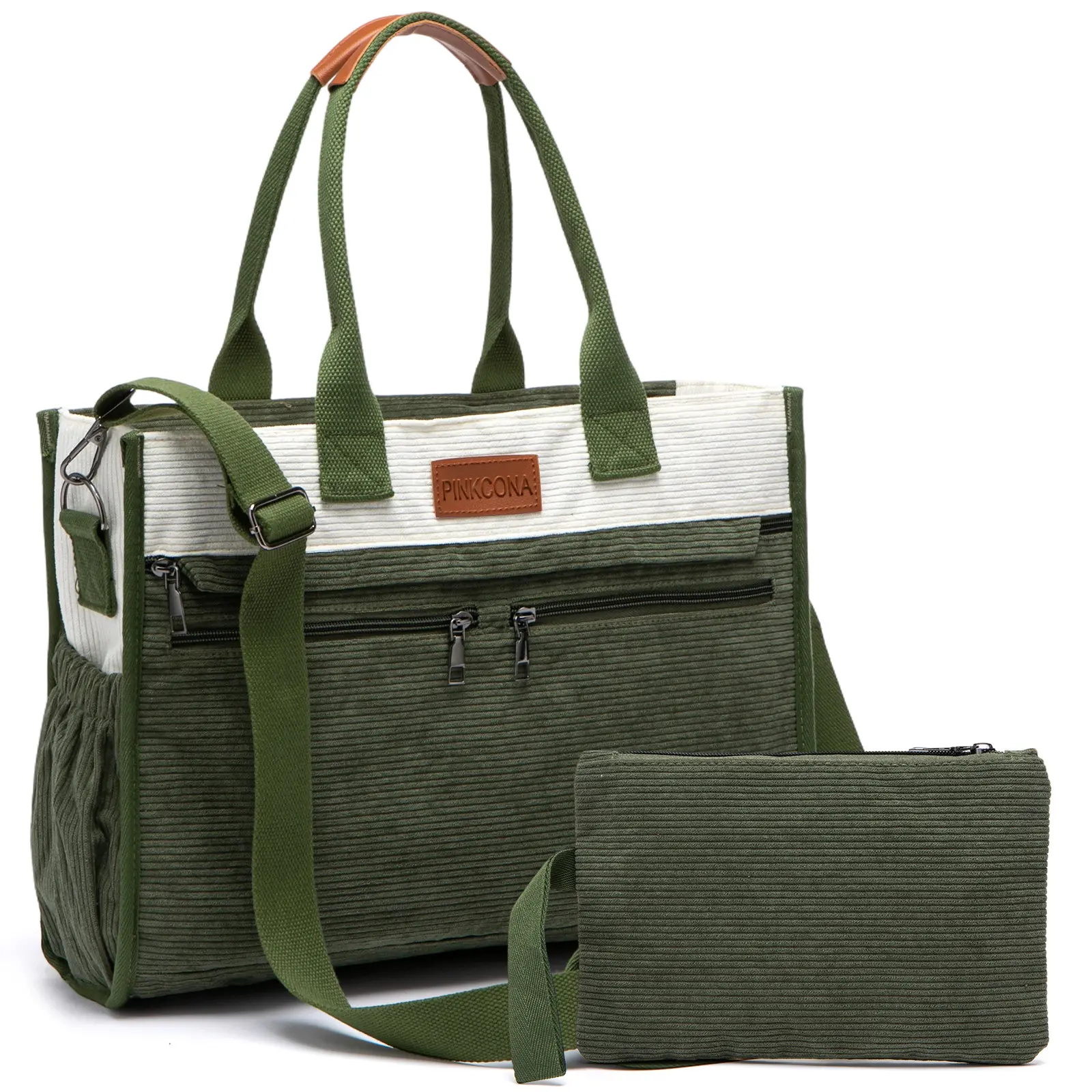 Corduroy Tote Bag for Women 2Pcs Set, 14-Pocket Lightweight Laptop Work Tote, Teacher & College Travel Crossbody Bag